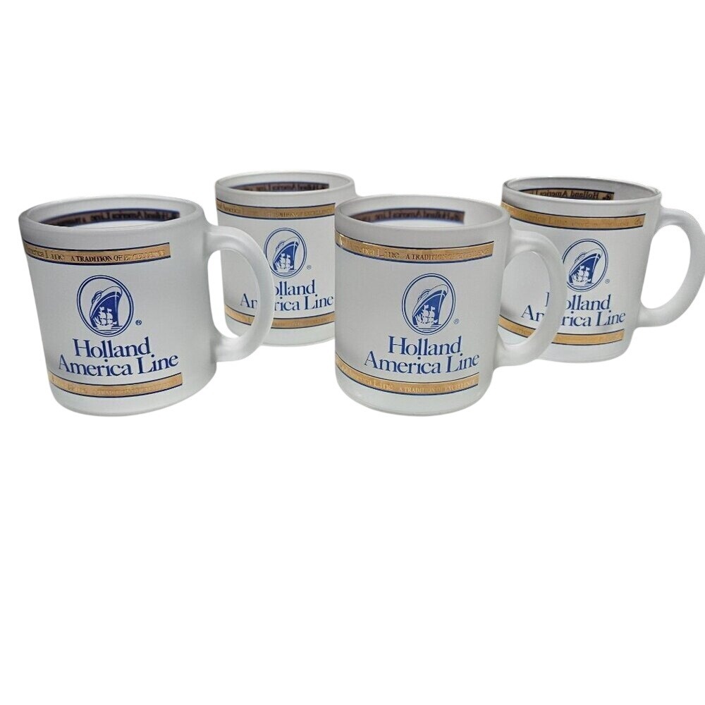 Holland America Line Set of 4 Frosted Glass Mugs 22K Gold‎ Trim Cruise Ship